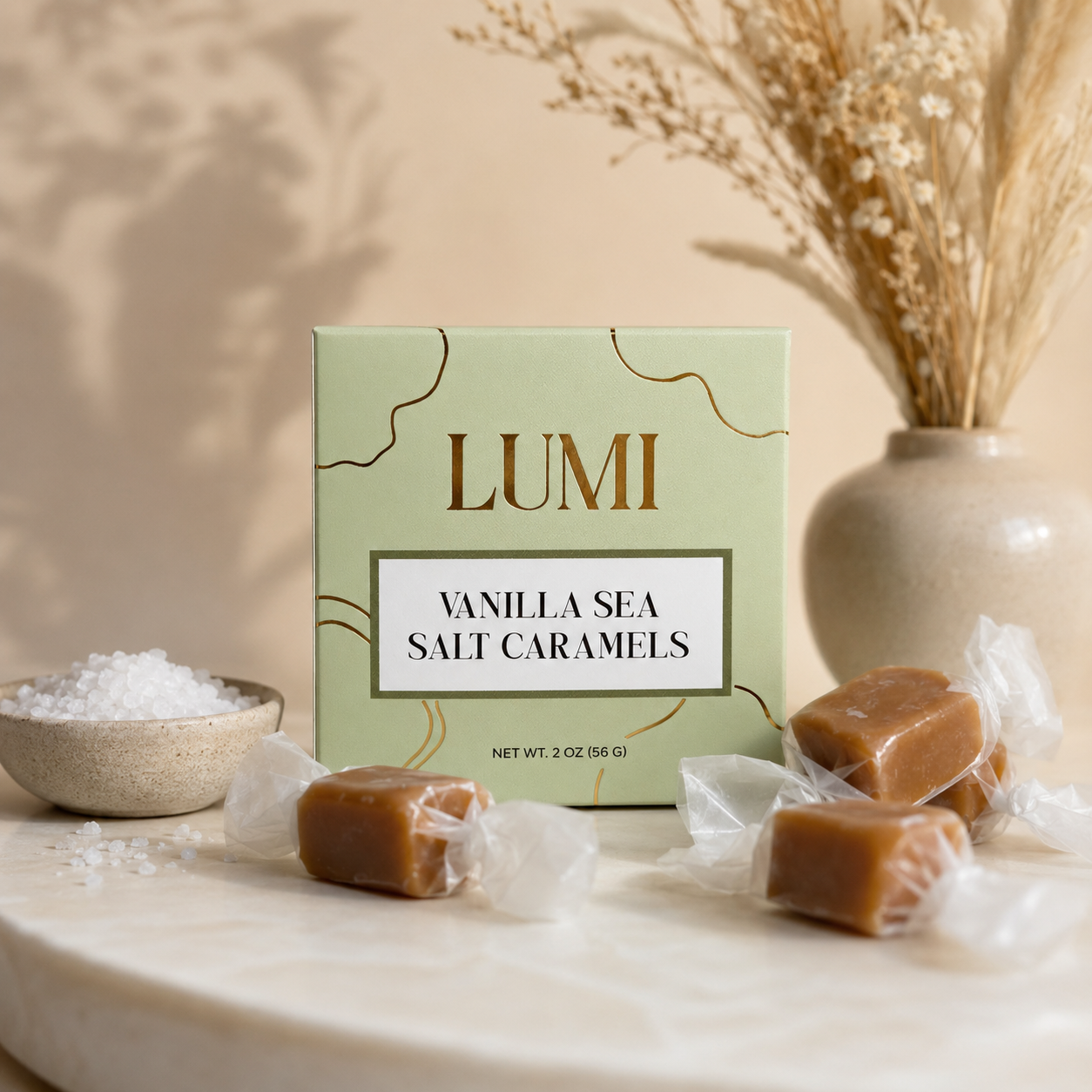 Vanilla Sea Salt Caramels – Sage Green Box, 2 oz