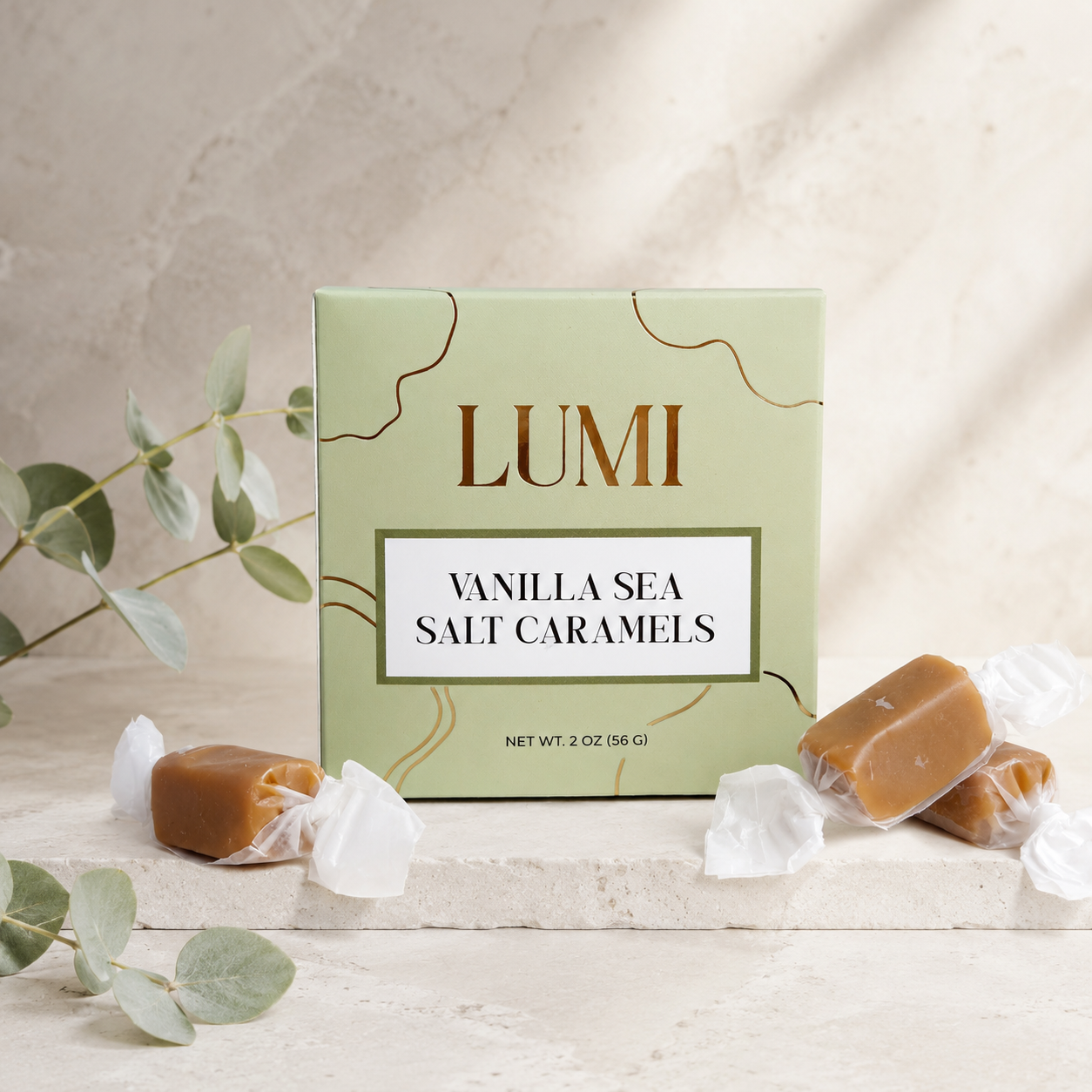 Vanilla Sea Salt Caramels – Sage Green Box, 2 oz
