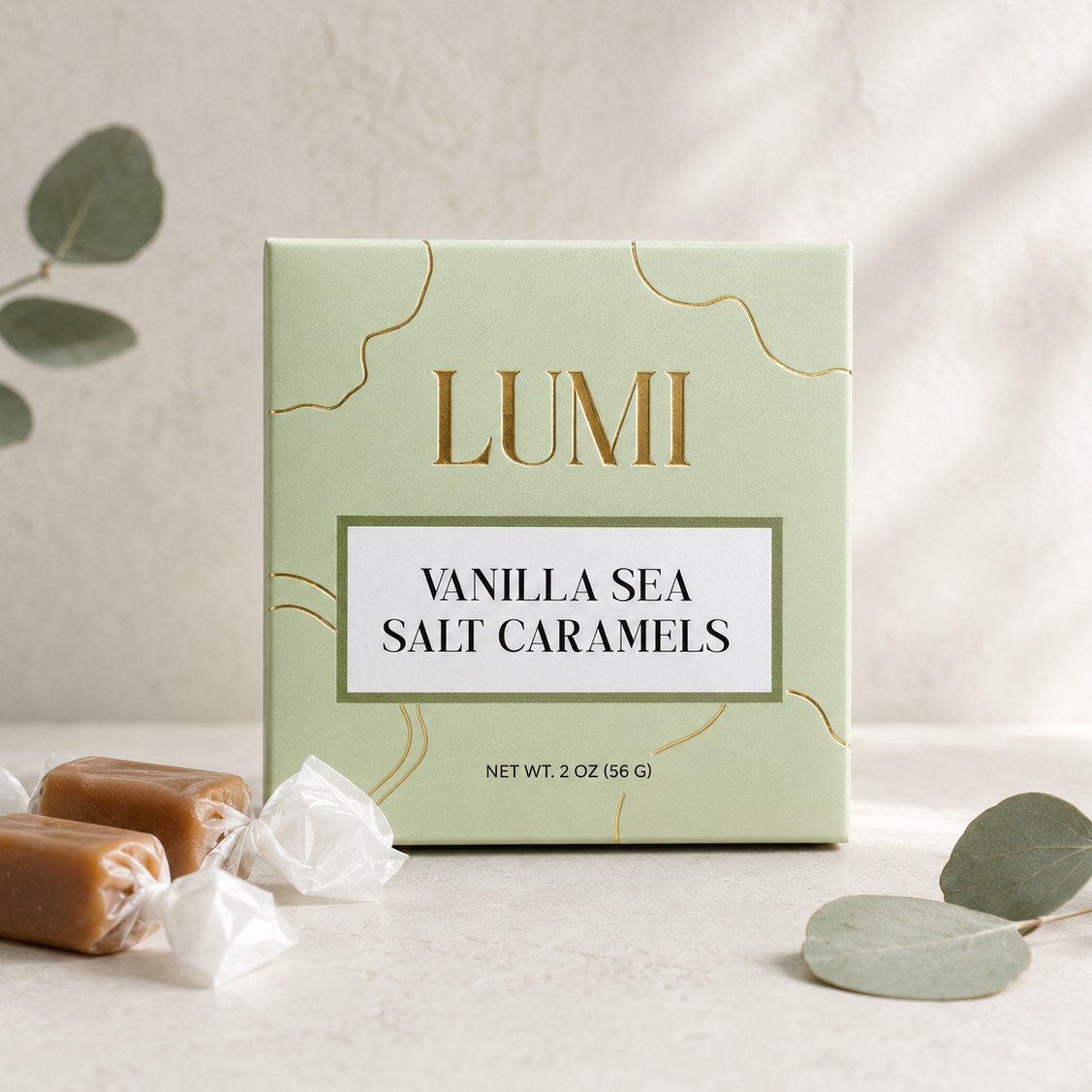 Vanilla Sea Salt Caramels – Sage Green Box, 2 oz