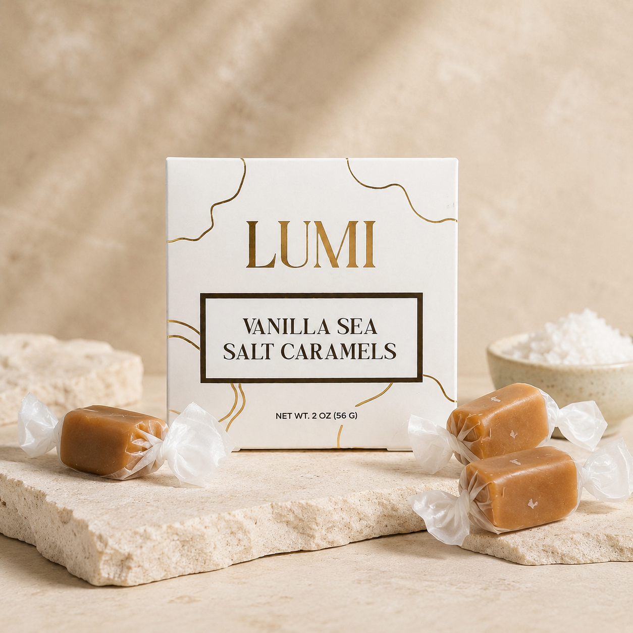 Vanilla Sea Salt Caramels – Pearl White Box, 2 oz